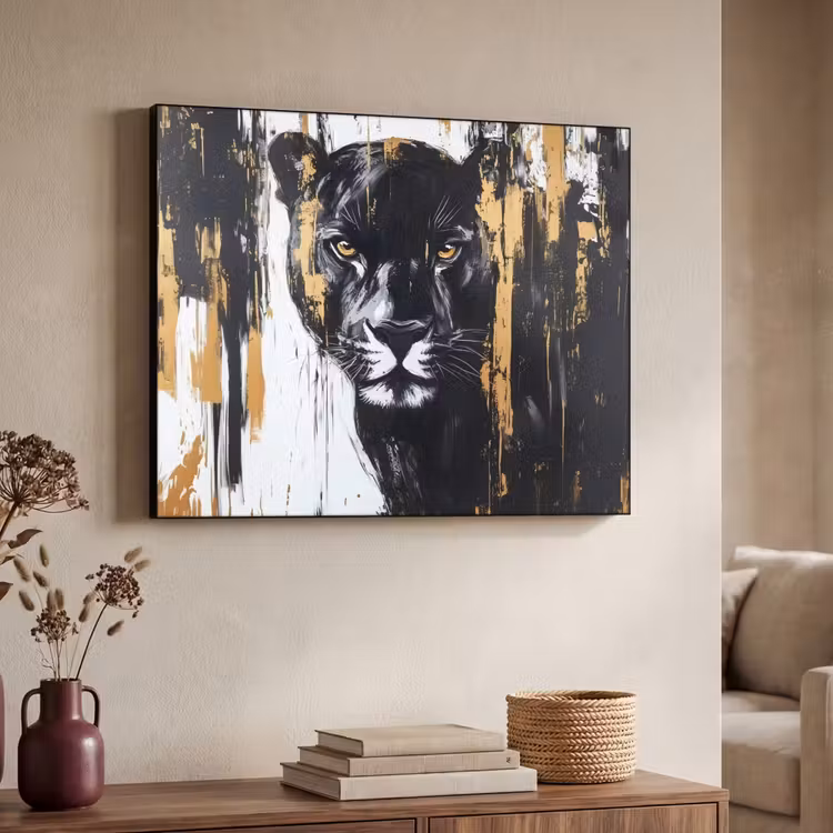 Panter - Zwart - Abstract - Verfstreken Textielframe - compleet frame klein -sfeer3