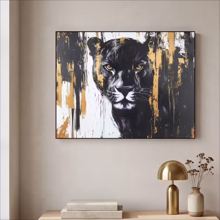 Panter - Zwart - Abstract - Verfstreken Textielframe - compleet frame klein -sfeer2