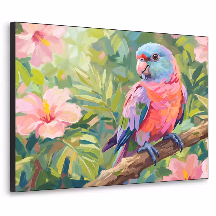 Papagaai - Hibiscusbloemen - Kleurrijk Textielframe zwart klein -3d