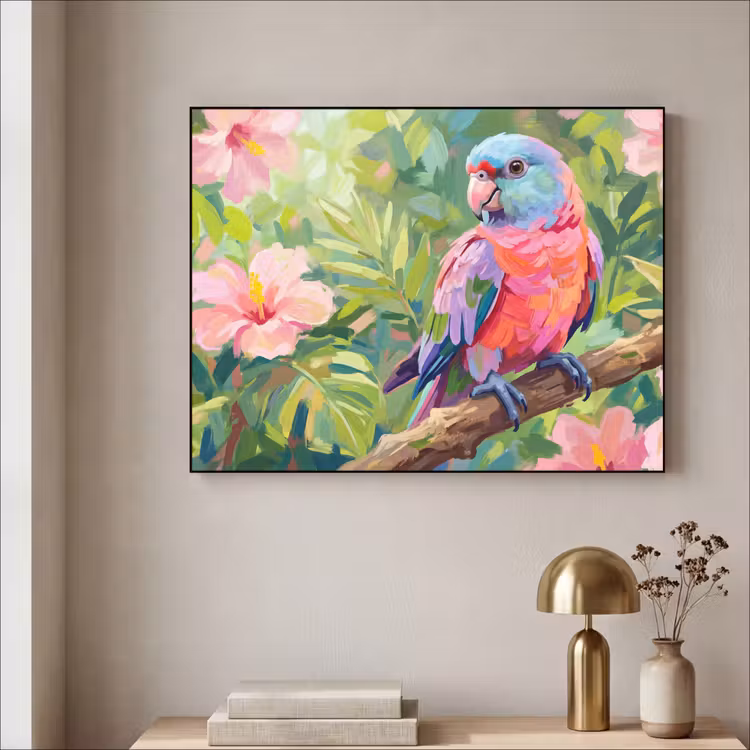 Papagaai - Hibiscusbloemen - Kleurrijk Textielframe zwart klein -sfeer2