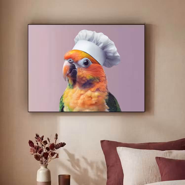 Papegaai - Koksmuts - Nieuwsgierig - Vogel Textielframe - compleet frame klein -sfeer1