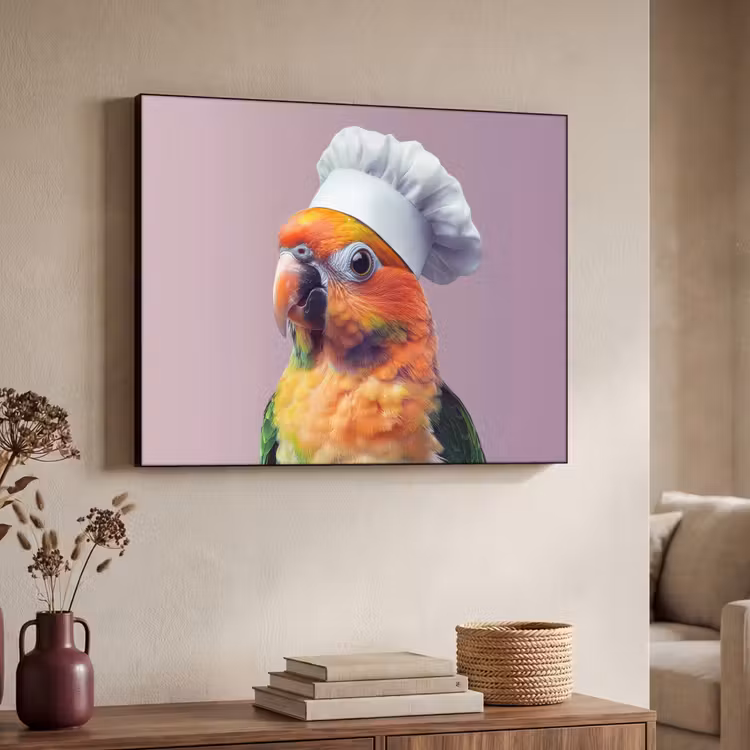 Papegaai - Koksmuts - Nieuwsgierig - Vogel Textielframe - compleet frame klein -sfeer3