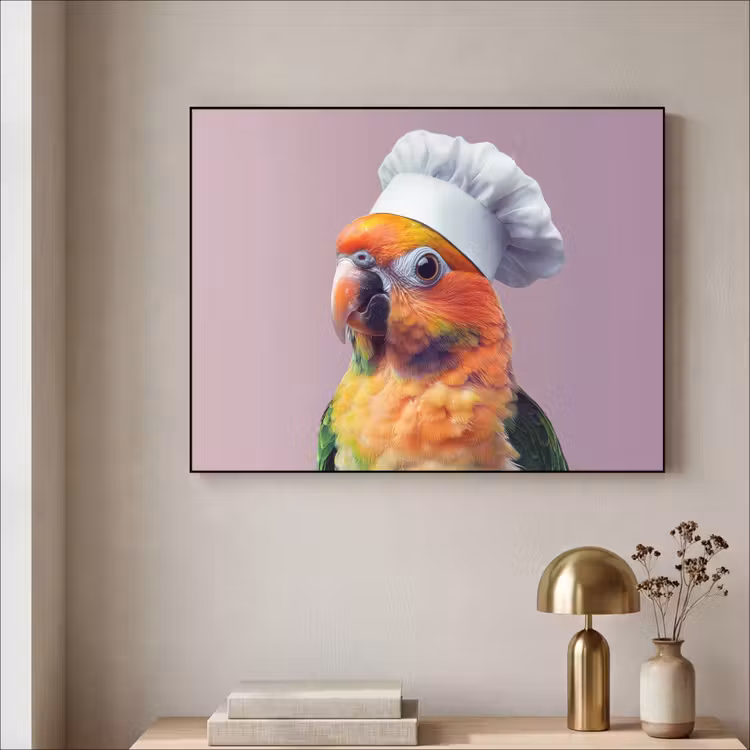 Papegaai - Koksmuts - Nieuwsgierig - Vogel Textielframe - compleet frame klein -sfeer2