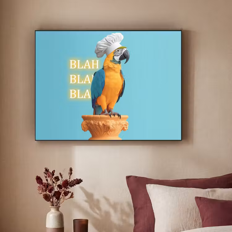 Papegaai - Koksmuts - Quote - Neon Textielframe zwart klein -sfeer1
