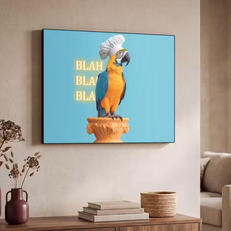 Papegaai - Koksmuts - Quote - Neon Textielframe zwart klein -sfeer3