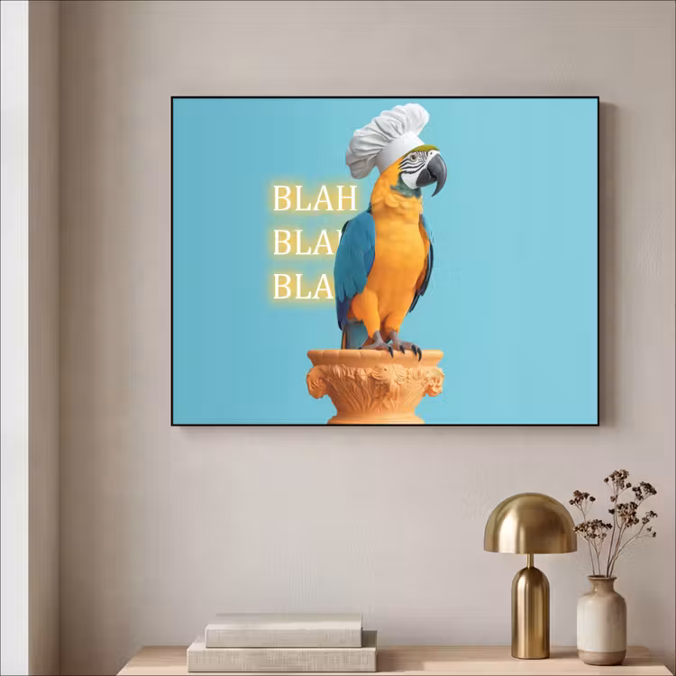 Papegaai - Koksmuts - Quote - Neon Textielframe - compleet frame klein -sfeer2
