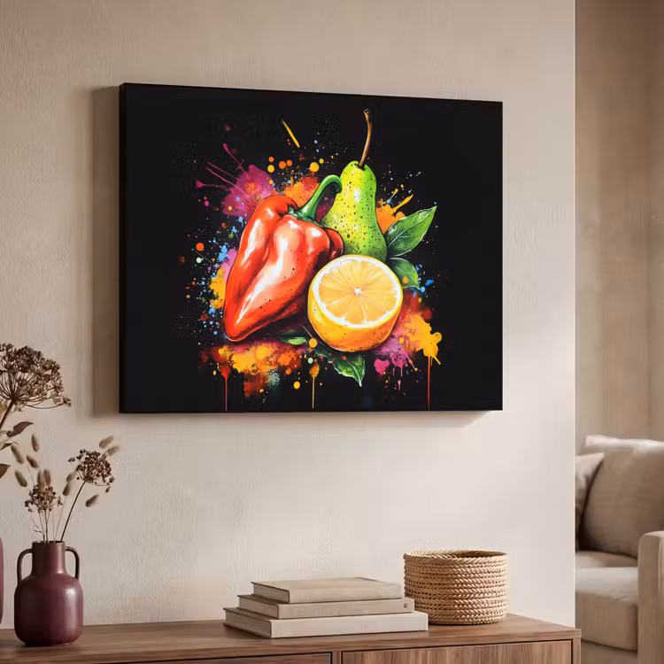 Paprika - Peer - Citroen - Graffiti - Verf - Abstract Textielframe zwart klein -sfeer3