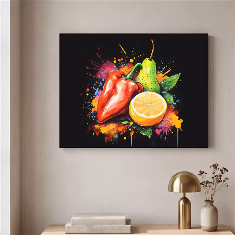 Paprika - Peer - Citroen - Graffiti - Verf - Abstract Textielframe - compleet frame klein -sfeer2