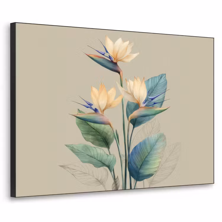 Paradijsvogelbloemen - Blauwgroene bladeren - Beige Textielframe - compleet frame klein -3d
