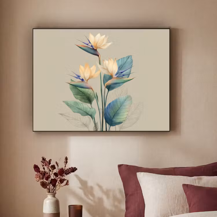 Paradijsvogelbloemen - Blauwgroene bladeren - Beige Textielframe zwart klein -sfeer1