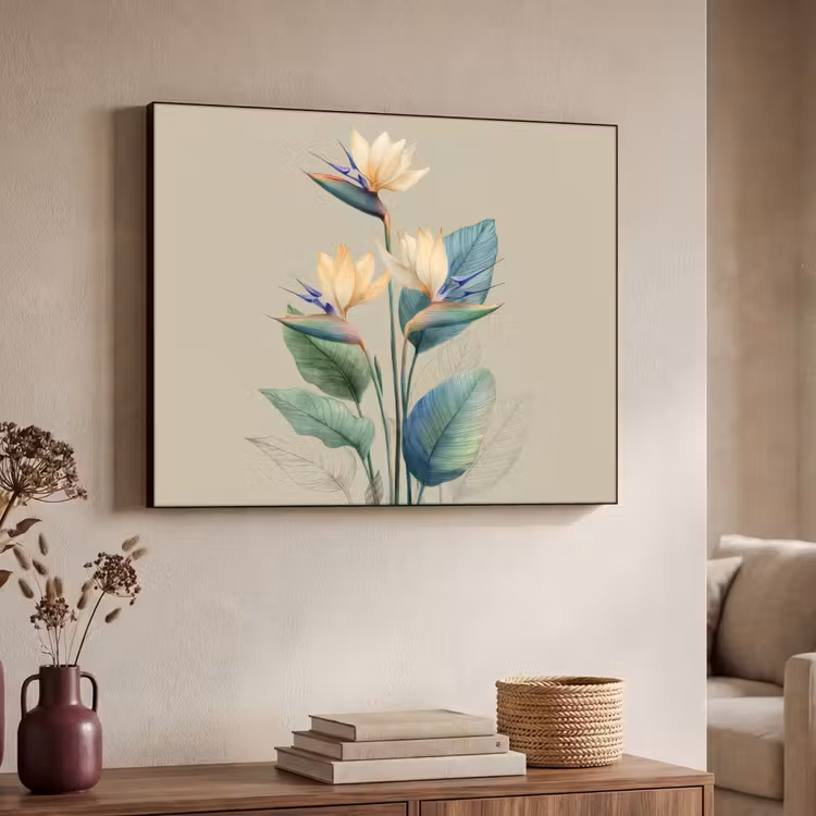 Paradijsvogelbloemen - Blauwgroene bladeren - Beige Textielframe zwart klein -sfeer3