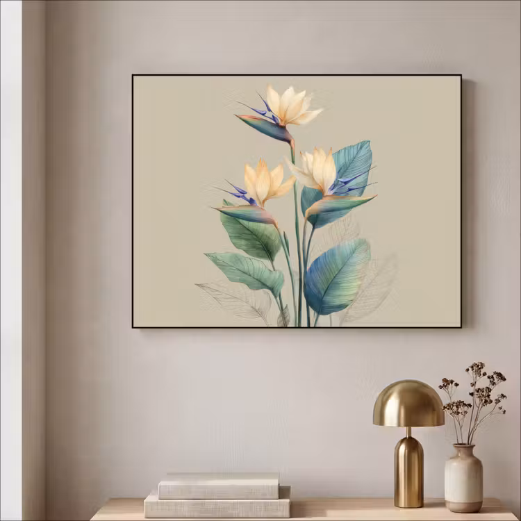Paradijsvogelbloemen - Blauwgroene bladeren - Beige Textielframe zwart klein -sfeer2