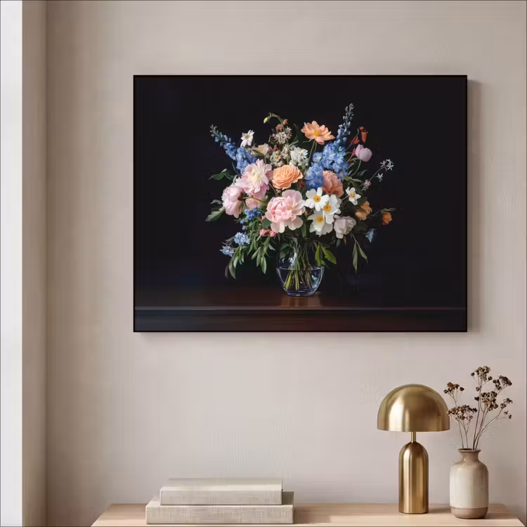 Pastel - Bloemen - Glazen - Vaas Textielframe - compleet frame klein -sfeer2