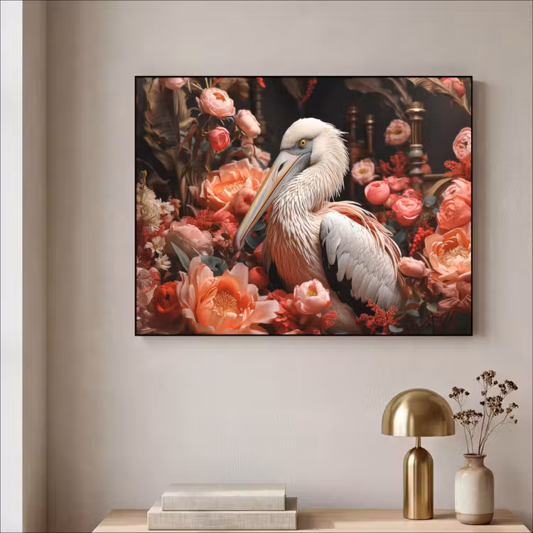 Pelikaan - Dier - Bloemen - Natuur - Botanisch - Roze Textielframe zwart klein -sfeer2
