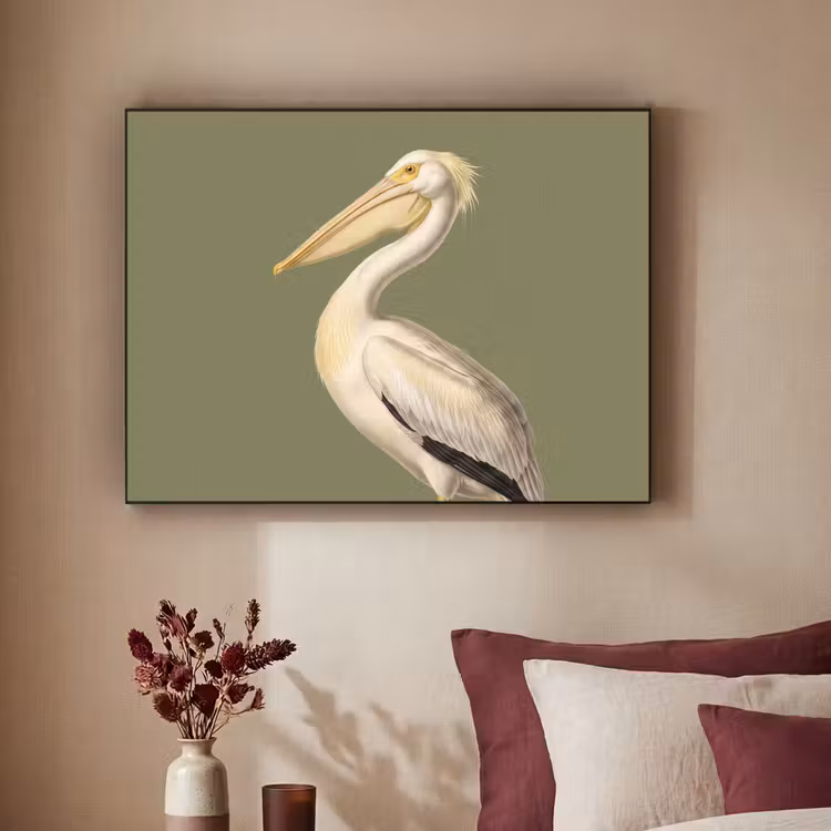 Pelikaan - Wit - Vogel - Klassiek - Natuur Textielframe zwart klein -sfeer1