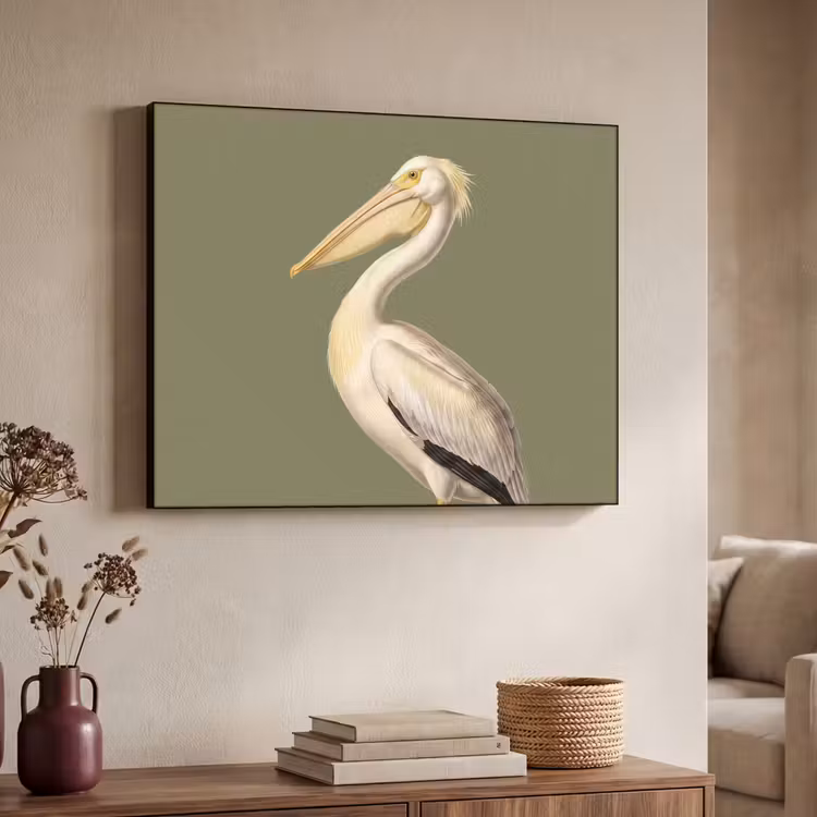 Pelikaan - Wit - Vogel - Klassiek - Natuur Textielframe zwart klein -sfeer3