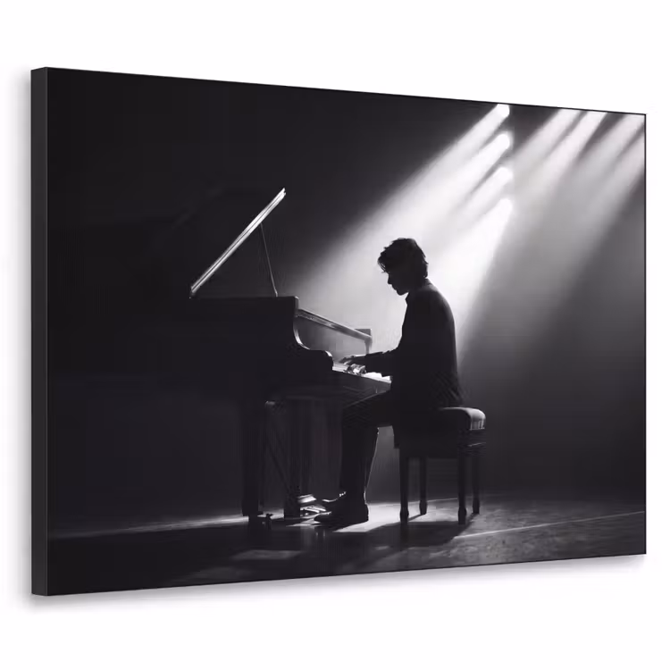 Persoon - Piano - Muziek - Zwart-wit - Podium Textielframe zwart klein -3d