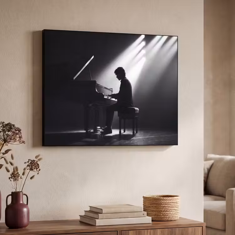Persoon - Piano - Muziek - Zwart-wit - Podium Textielframe zwart klein -sfeer3