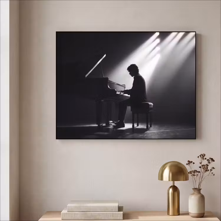 Persoon - Piano - Muziek - Zwart-wit - Podium Textielframe zwart klein -sfeer2