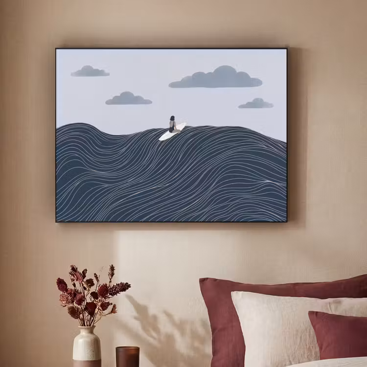 Persoon - Surfen - Oceaan - Natuur - Modern Textielframe zwart klein -sfeer1