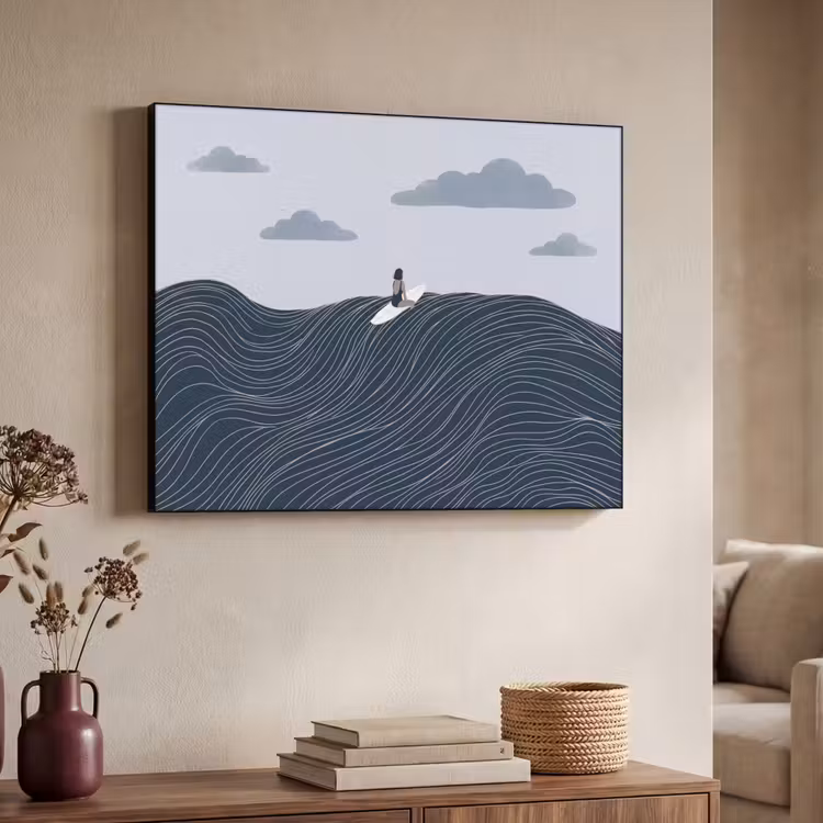 Persoon - Surfen - Oceaan - Natuur - Modern Textielframe zwart klein -sfeer3