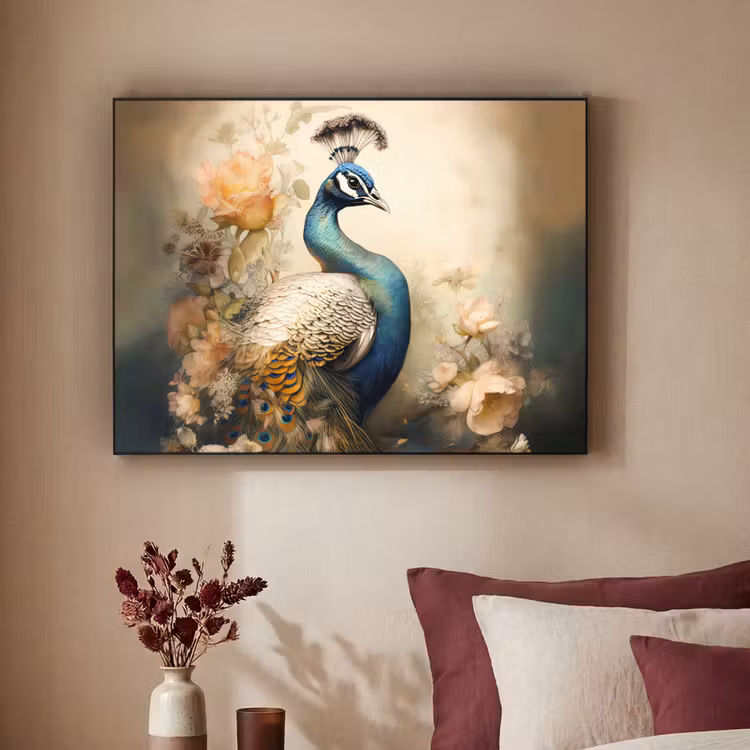 Pauw - Pauwenveren - Bloemen - Vogels - Botanisch Textielframe zwart klein -sfeer1