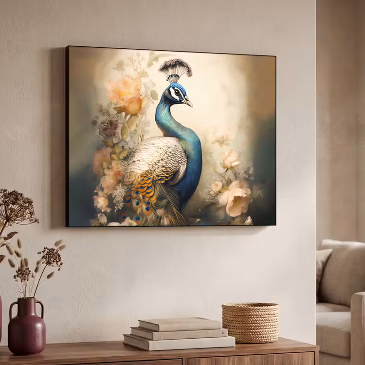 Pauw - Pauwenveren - Bloemen - Vogels - Botanisch Textielframe zwart klein -sfeer3