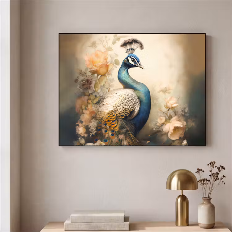 Pauw - Pauwenveren - Bloemen - Vogels - Botanisch Textielframe zwart klein -sfeer2