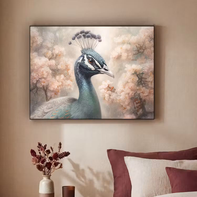 Pauw - Vogels - Bloemen - Boom - Botanisch Textielframe zwart klein -sfeer1