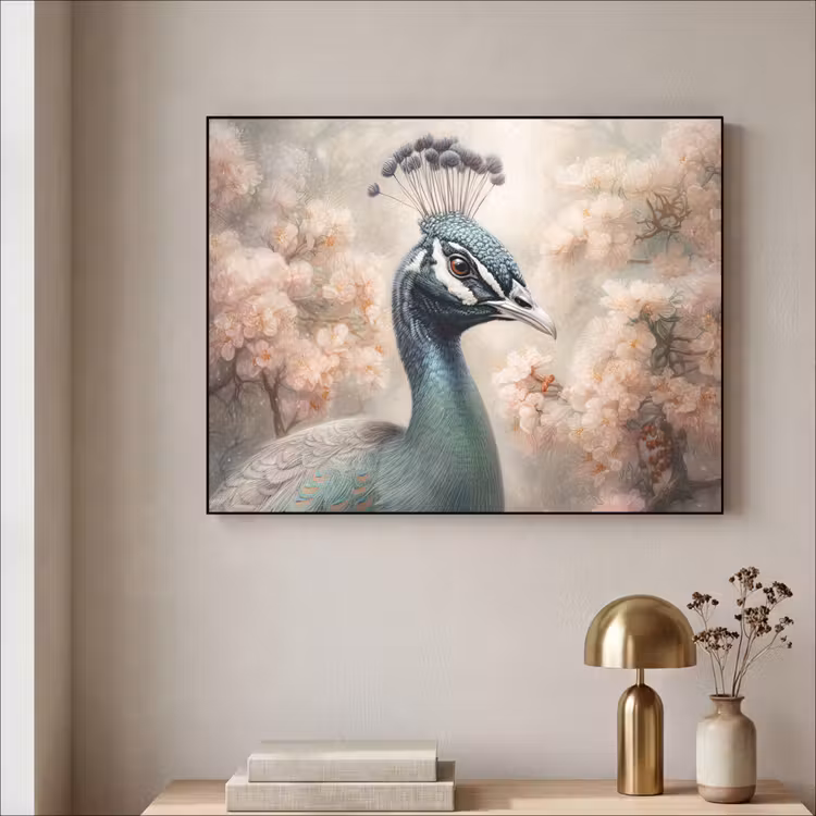 Pauw - Vogels - Bloemen - Boom - Botanisch Textielframe zwart klein -sfeer2