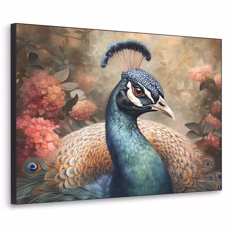 Pauw - Vogel - Bloemen - Planten - Pauwenveren Textielframe zwart klein -3d