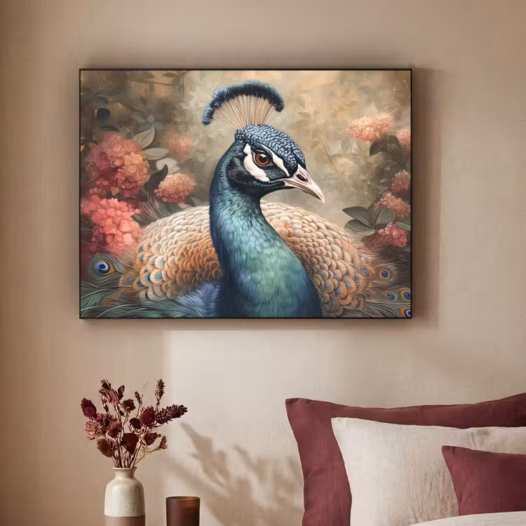 Pauw - Vogel - Bloemen - Planten - Pauwenveren Textielframe zwart klein -sfeer1