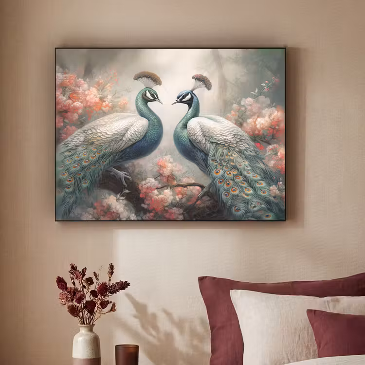 Pauwen - Pauwenveren - Vogels - Bloemen - Natuur Textielframe zwart klein -sfeer1