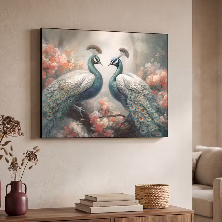 Pauwen - Pauwenveren - Vogels - Bloemen - Natuur Textielframe zwart klein -sfeer3
