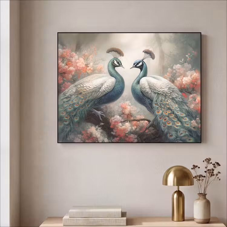 Pauwen - Pauwenveren - Vogels - Bloemen - Natuur Textielframe zwart klein -sfeer2