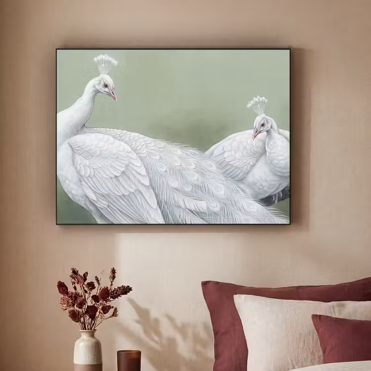 Pauwen - Wit - Natuur - Groen Textielframe zwart klein -sfeer1