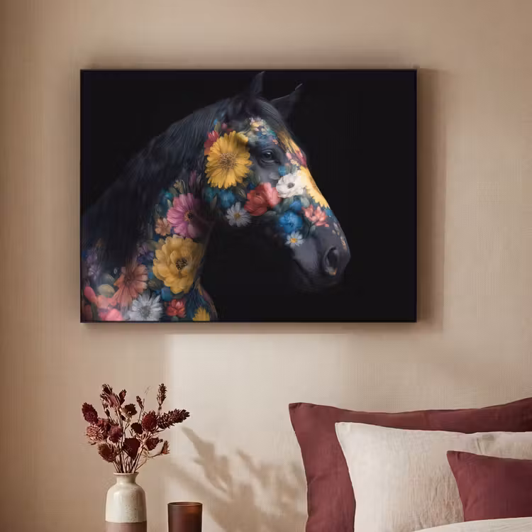 Paard - Bloemen - Zwart Textielframe zwart klein -sfeer1