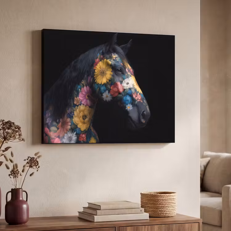Paard - Bloemen - Zwart Textielframe zwart klein -sfeer3