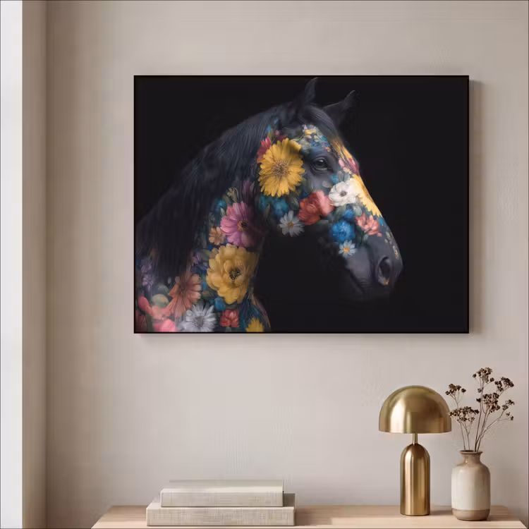 Paard - Bloemen - Zwart Textielframe - compleet frame klein -sfeer2