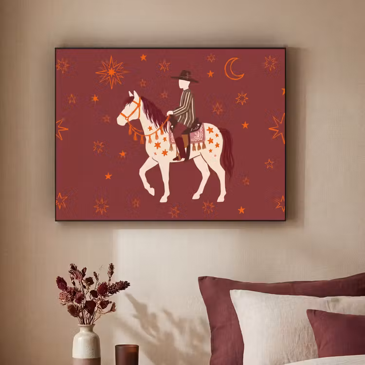Paard - Ruiter - Sterren - Nacht - Illustratie Textielframe zwart klein -sfeer1