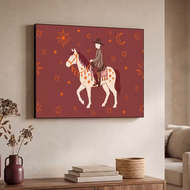 Paard - Ruiter - Sterren - Nacht - Illustratie Textielframe zwart klein -sfeer3
