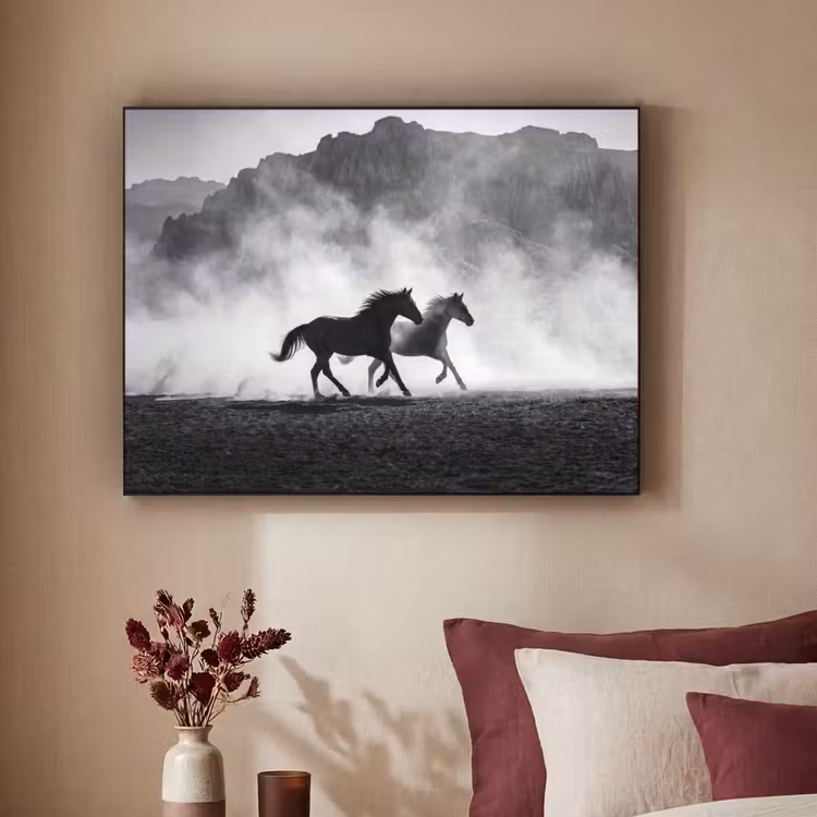 Paard - Ren - Stof - Zwart-wit - Dieren Textielframe zwart klein -sfeer1