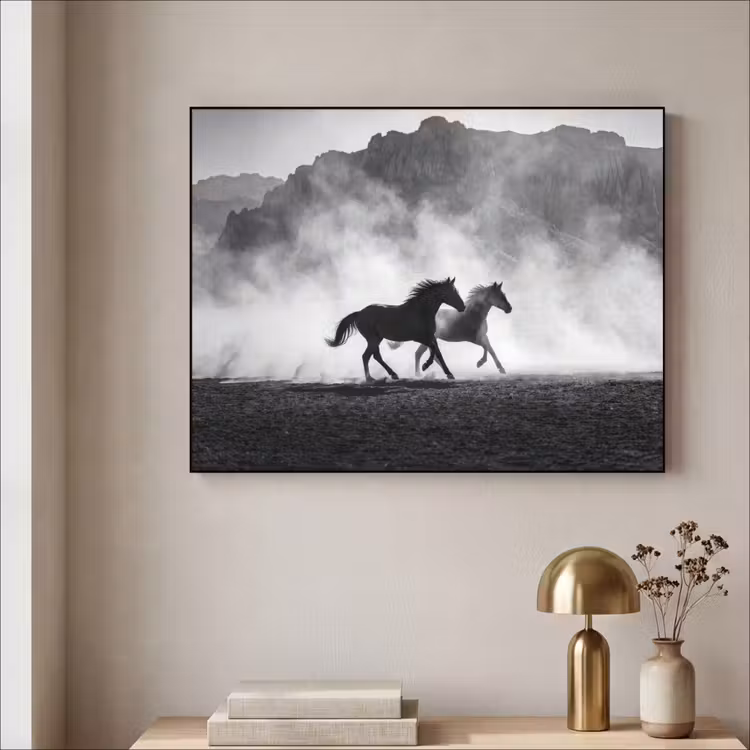 Paard - Ren - Stof - Zwart-wit - Dieren Textielframe zwart klein -sfeer2