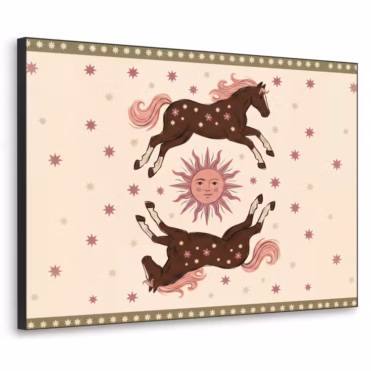 Paard - Zon - Mystiek - Illustratie - Roze Textielframe zwart klein -3d