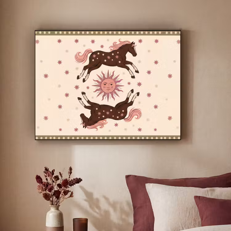 Paard - Zon - Mystiek - Illustratie - Roze Textielframe zwart klein -sfeer1