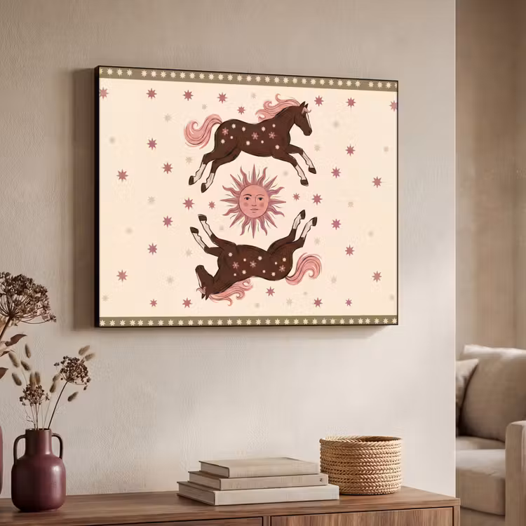 Paard - Zon - Mystiek - Illustratie - Roze Textielframe zwart klein -sfeer3