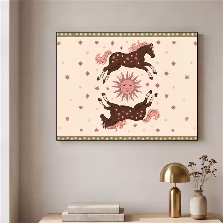 Paard - Zon - Mystiek - Illustratie - Roze Textielframe zwart klein -sfeer2