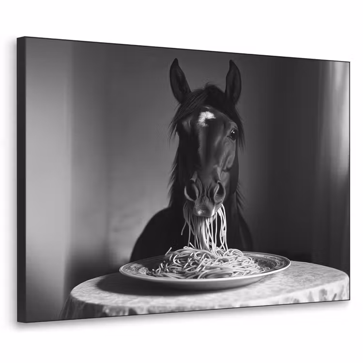 Paard - Bord - Pasta - Tafelkleed - Zwart Wit - Dieren Textielframe zwart klein -3d
