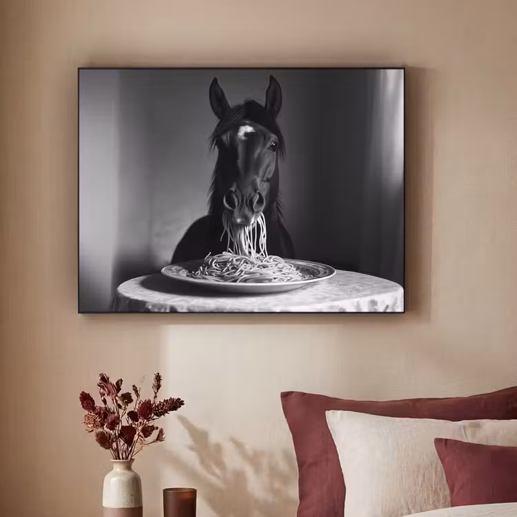 Paard - Bord - Pasta - Tafelkleed - Zwart Wit - Dieren Textielframe - compleet frame klein -sfeer1