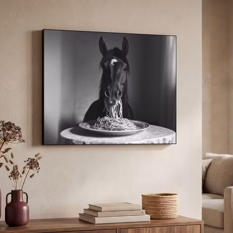 Paard - Bord - Pasta - Tafelkleed - Zwart Wit - Dieren Textielframe zwart klein -sfeer3